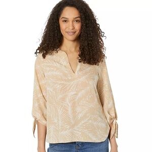 MICHAEL Michael Kors Women's Palm Print V-Neck Tie-Cuff Top‎ Beige Size S
